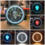 Projector LED Headlight RGB Skull Design With White Yellow Halo Ring High Low Beam DRL | H4 7′′ Inch LED Headlights| Motorcyle | Jeep | Harley