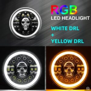 Projector LED Headlight RGB Skull Design With White Yellow Halo Ring High Low Beam DRL | H4 7′′ Inch LED Headlights| Motorcyle | Jeep | Harley