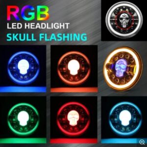 Projector LED Headlight RGB Skull Design With White Yellow Halo Ring High Low Beam DRL | H4 7′′ Inch LED Headlights| Motorcyle | Jeep | Harley