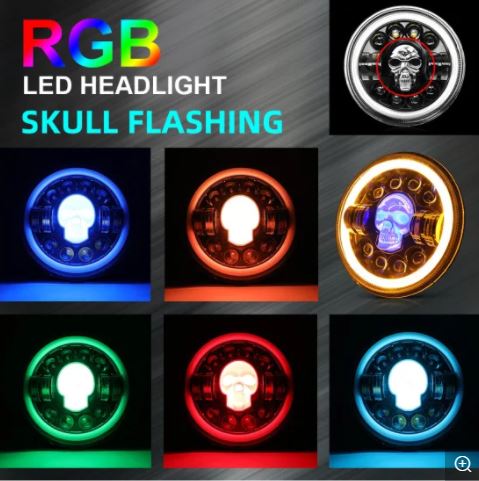 Projector LED Headlight RGB Skull Design With White Yellow Halo Ring High Low Beam DRL | H4 7′′ Inch LED Headlights| Motorcyle | Jeep | Harley