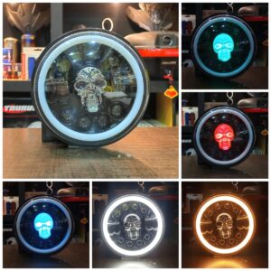 Projector LED Headlight RGB Skull Design With White Yellow Halo Ring High Low Beam DRL | H4 7′′ Inch LED Headlights| Motorcyle | Jeep | Harley