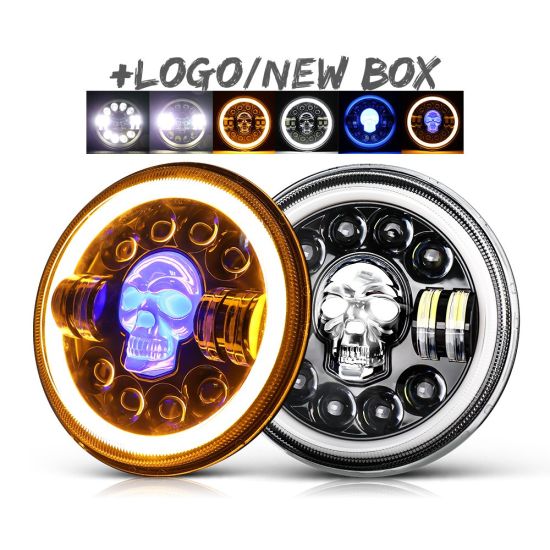 Projector LED Headlight RGB Skull Design With White Yellow Halo Ring High Low Beam DRL | H4 7′′ Inch LED Headlights| Motorcyle | Jeep | Harley