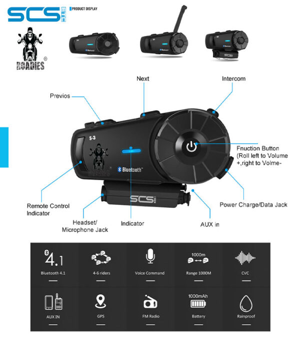 SCS - S3 Motorcycle Helmet Bluetooth Intercom Device with Conference Call FM Music