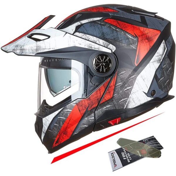 FASEED F-909 Glossy Black White Red Adventure Modular Helmet Dual Lens Built-in Visor With Motocross Peak & Pinlock INCLUDED
