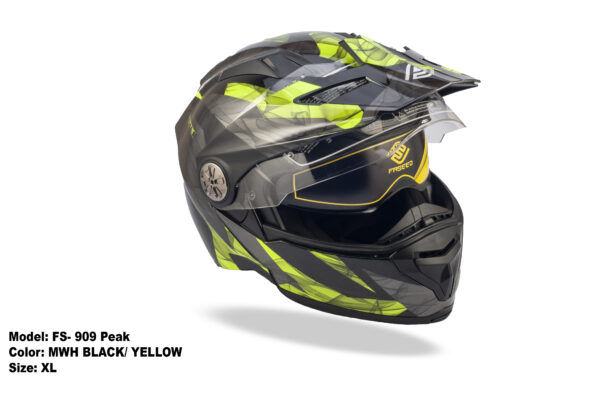 FASEED FS-909 Glossy Black with Green Adventure Modular Helmet Dual Lens Built-in Visor With Motocross Peak & Pinlock INCLUDED
