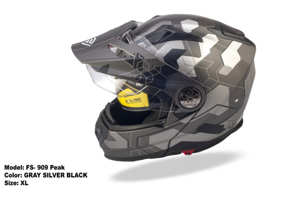 FASEED FS-909 Matt Grey Silver Black Adventure Modular Helmet Dual Lens Built-in Visor With Motocross Peak & Pinlock INCLUDED