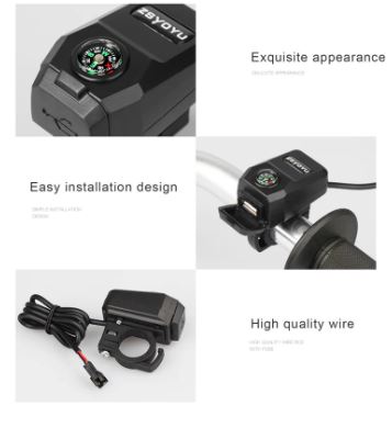 Motorcycle Handlebar Waterproof USB Charger with COMPASS