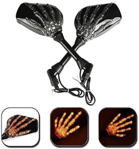 LED Skull Skeleton Hand Claw Side Mirrors Rearview Mirrors With Turn Signals For Motorcycle with 8mm 10mm Thread Bolts, Left & Right