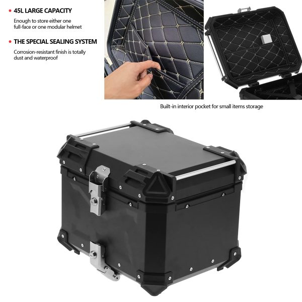 Universal Motorcycle Adventure Aluminum Top Box Black 45L Case Tail Box Luggage Fit