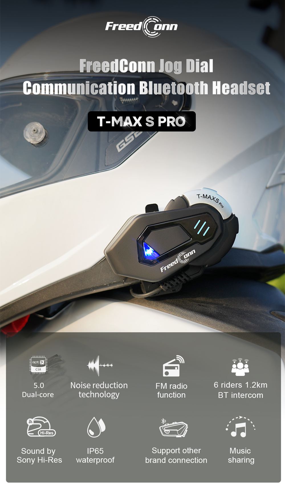 Freedconn T-MAX S PRO Bluetooth Motorcycle 6-Rider 1000M Group Intercom ...