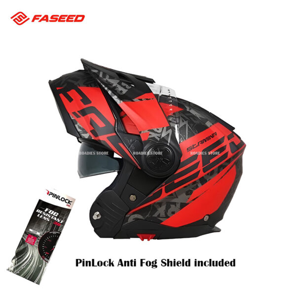 Brand : FASEED MODEL : FS-909 Weight: 1750 g Standard : ECE R22.05 Approved Material: ABS + EPS plastic Type: Adventure Motorcycle helmet Liner: Detachable and Washable Lining Ventilation : 4 Point Air Ventilation System Anti Fog Shield : PinLock Included Rubber baffle prevents mica from fogging with breath Wind guard on the chin Micrometric clasp system on the strap Flip-up polarized internal visor